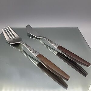 Vintage MCM Stainless‎ Flatware Knife & Fork Set Interpur CANOE HEARTS Japan